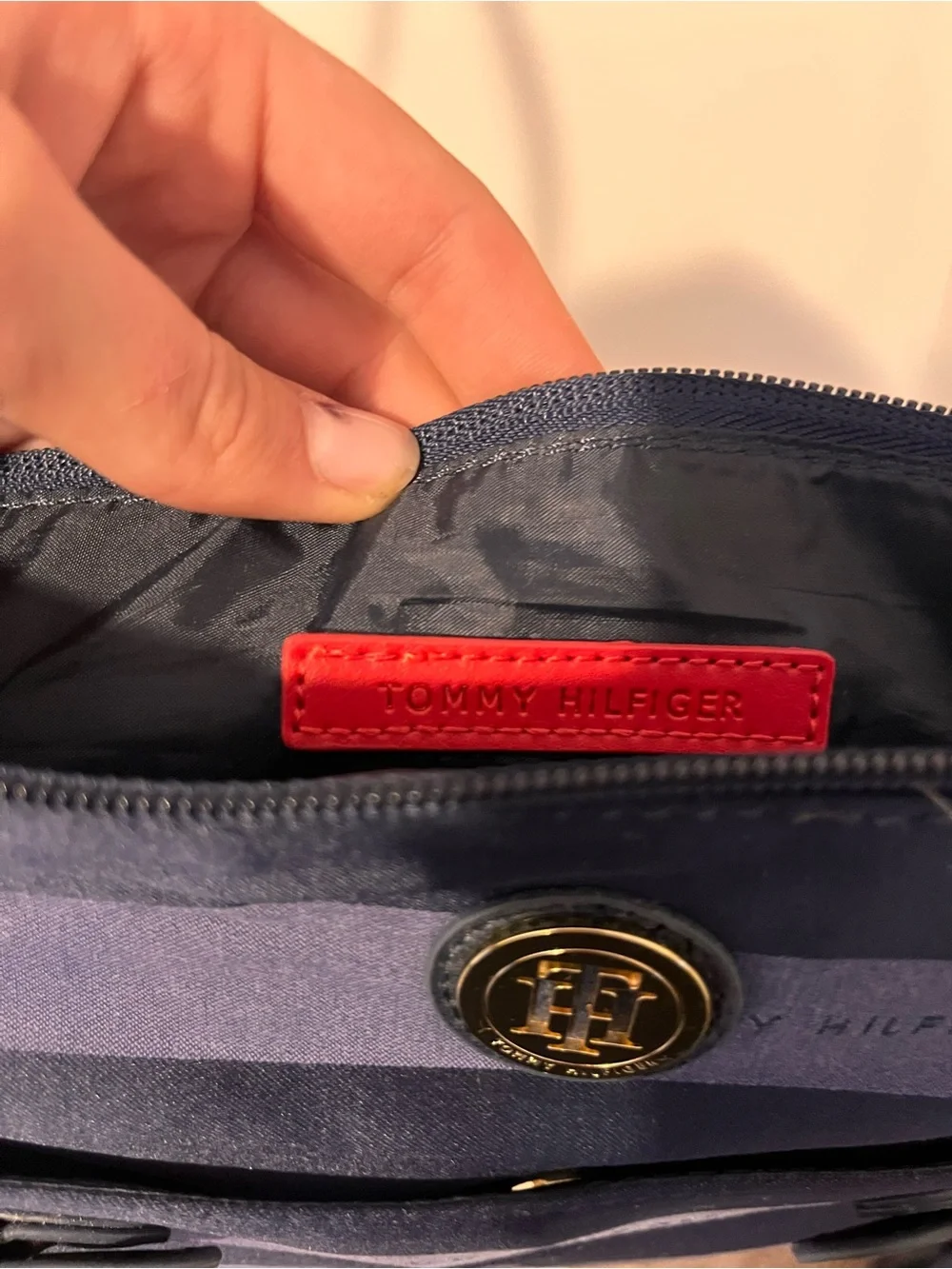 Tommy Hilfiger Navy and Dark Blue Striped Messenger Bag with clutch wallet